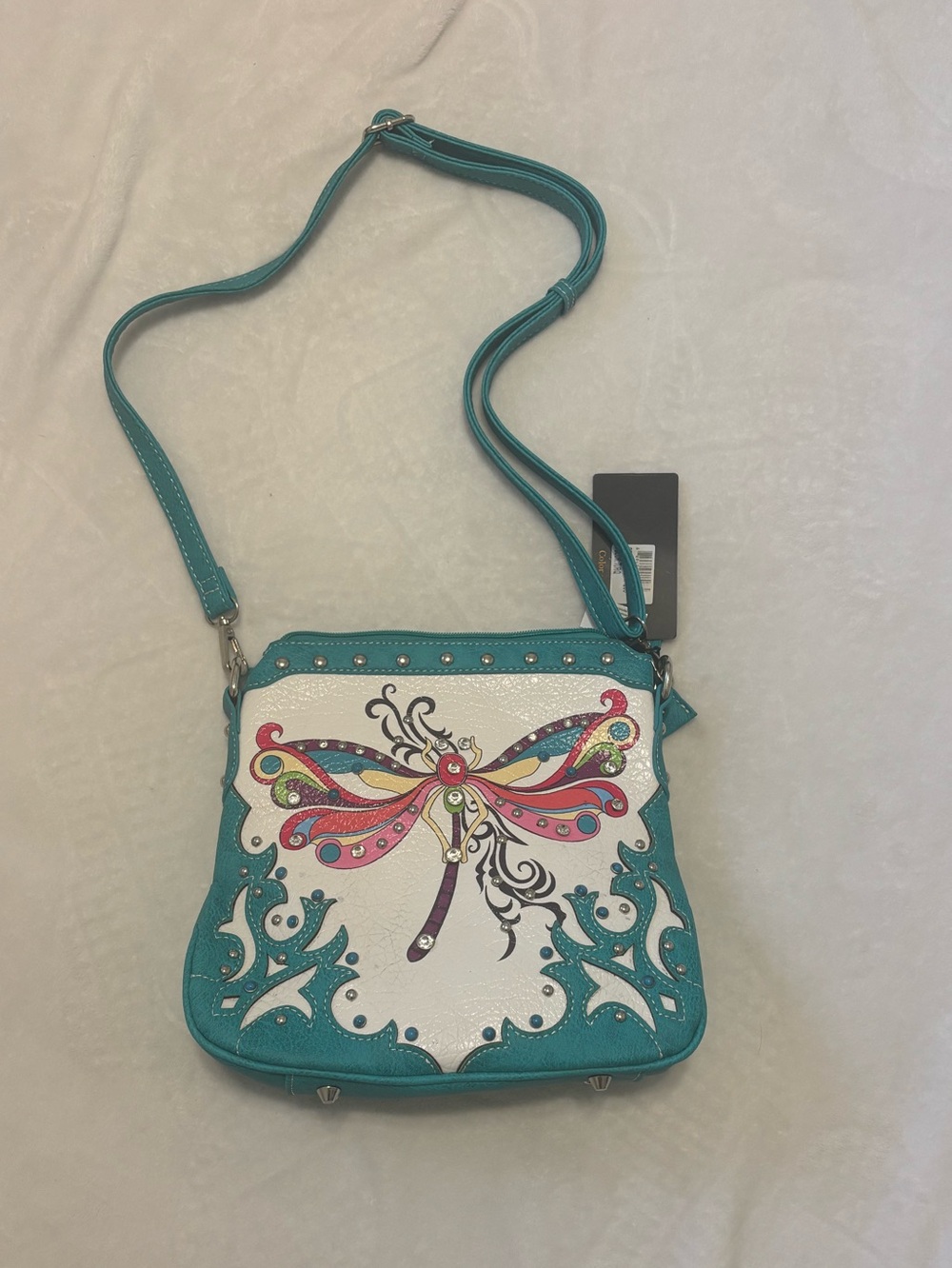 Teal Dragonfly Embroidered Crossbody Bag